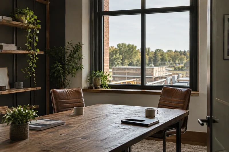 Illustration: Private meeting table and two chairs beside a workshop office window