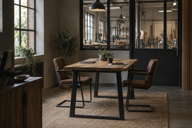 Illustration: Two chairs at a private meeting table overlooking a workshop