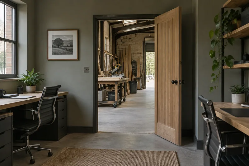 Illustration: Open doorway connecting a contractor workshop and a modest office