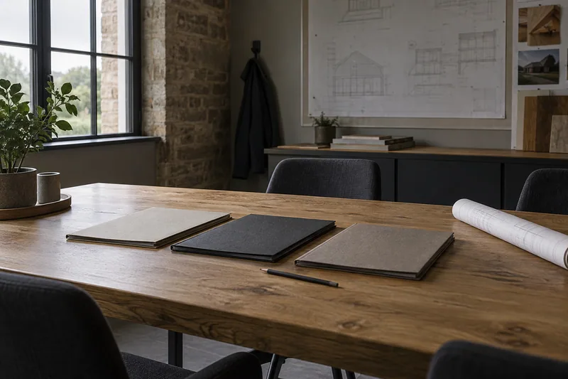Illustration: Three closed folders, rolled plans and a pencil on a construction office table
