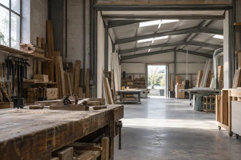 Illustration: Established joinery workshop opening into an additional working bay