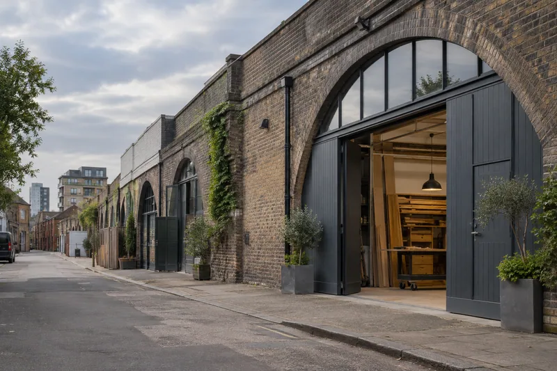 Illustration: Stock-brick industrial arches and workshops on a fictional outer-London street
