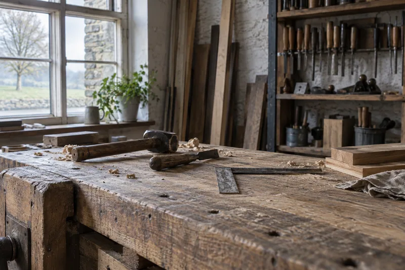 Illustration: Worn hand tools on a timber workbench in a quiet workshop